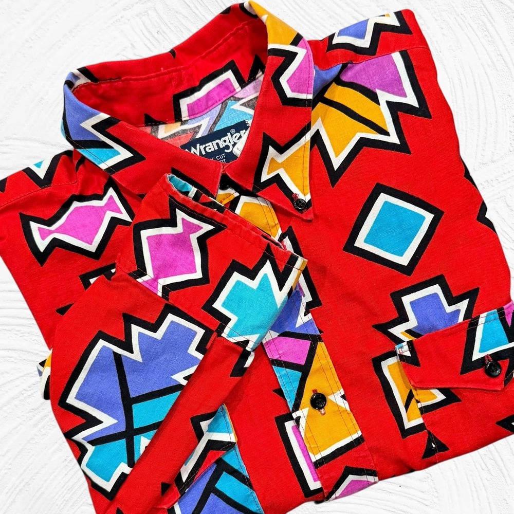 Vintage Wrangler Cowboy Cut Shirt 17.5x 36 X-Long Tails Aztec Southwest USA Made